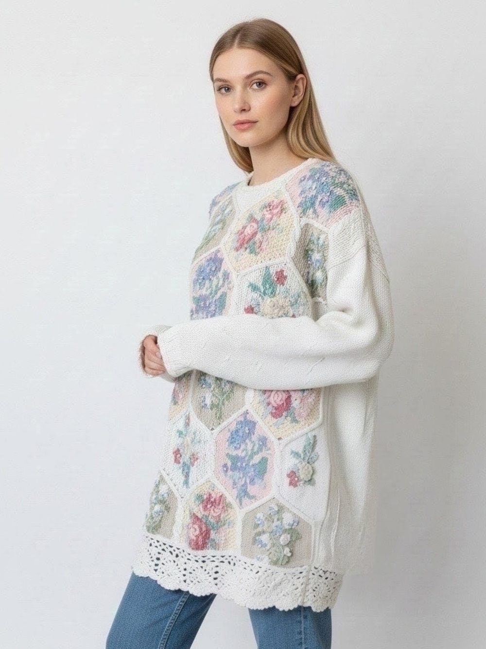 Vintage Hand Knit Floral Crochet Hem Sweater Romantic Cottagecore Medium